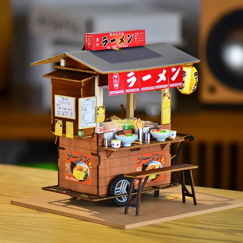 Anima dos desenhos animados japonês ramen tenda diy cabine artesanal de madeira comida e cena jogo casa boneca acessórios ornamentos presente aniversário