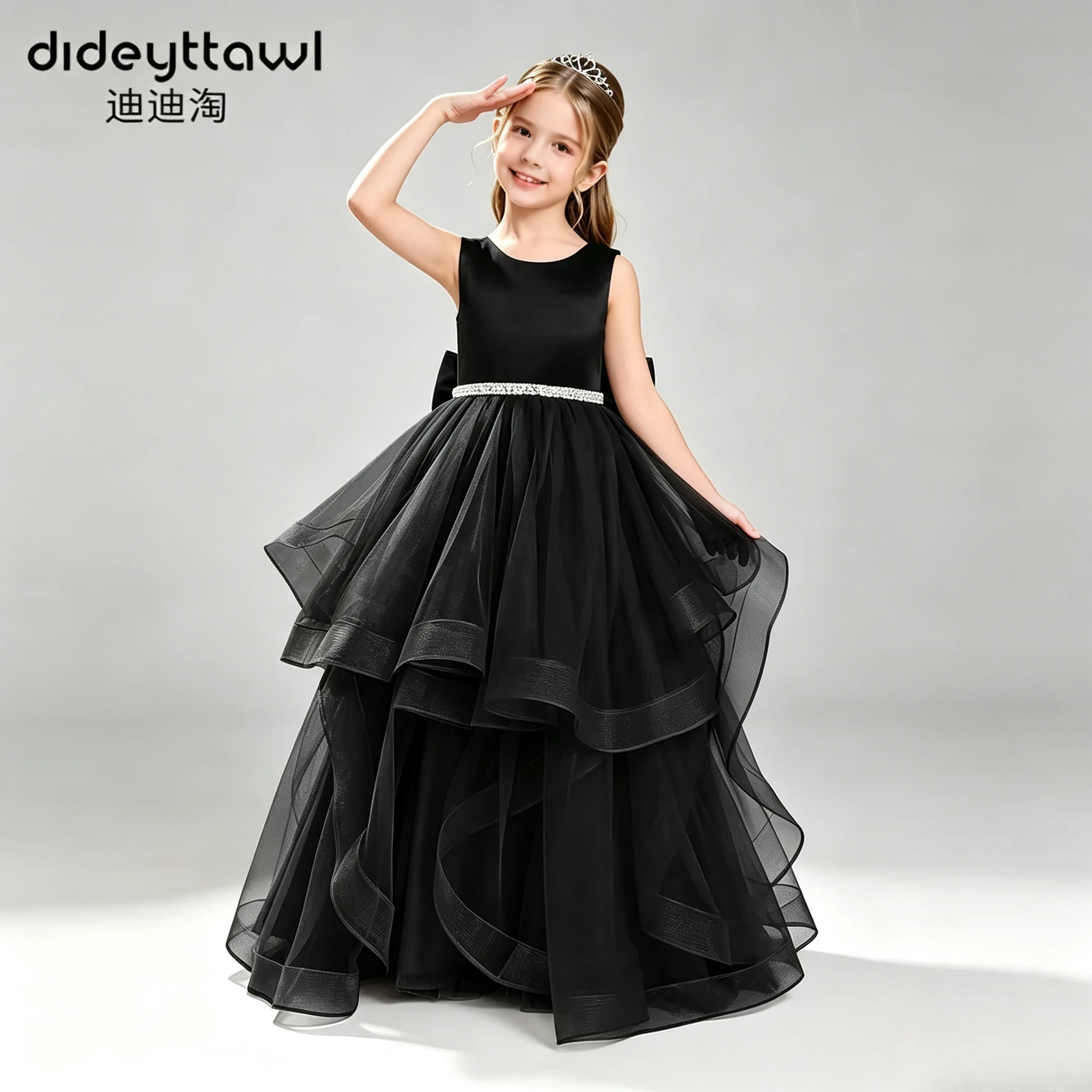 Multi Color Sleeveless Pageant Dress V Back Big Bow Tiered Tulle Long Evening Gown Rhinestone Waist Formal Party Prom Costume