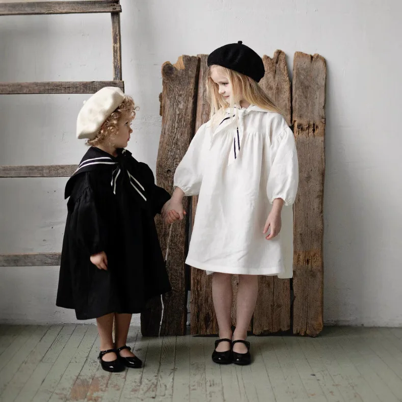 

Girls Dress Nordic Girls Linen 2025 Autumn New Casual Puff Sleeve Fashion Pretty England Style Sailor Collar Dress
