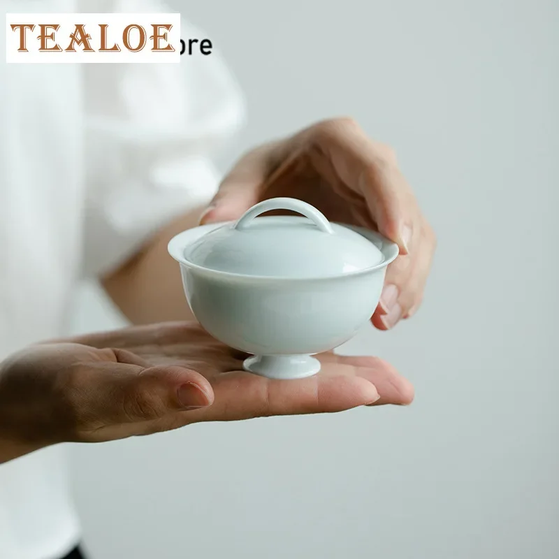 110ml Boutique Misty Blue Ceramic Tea Tureen Chiense Consensus Tea Bowl with Lid Circular Tea Soaking Gaiwan Kung Fu Teaset Gift