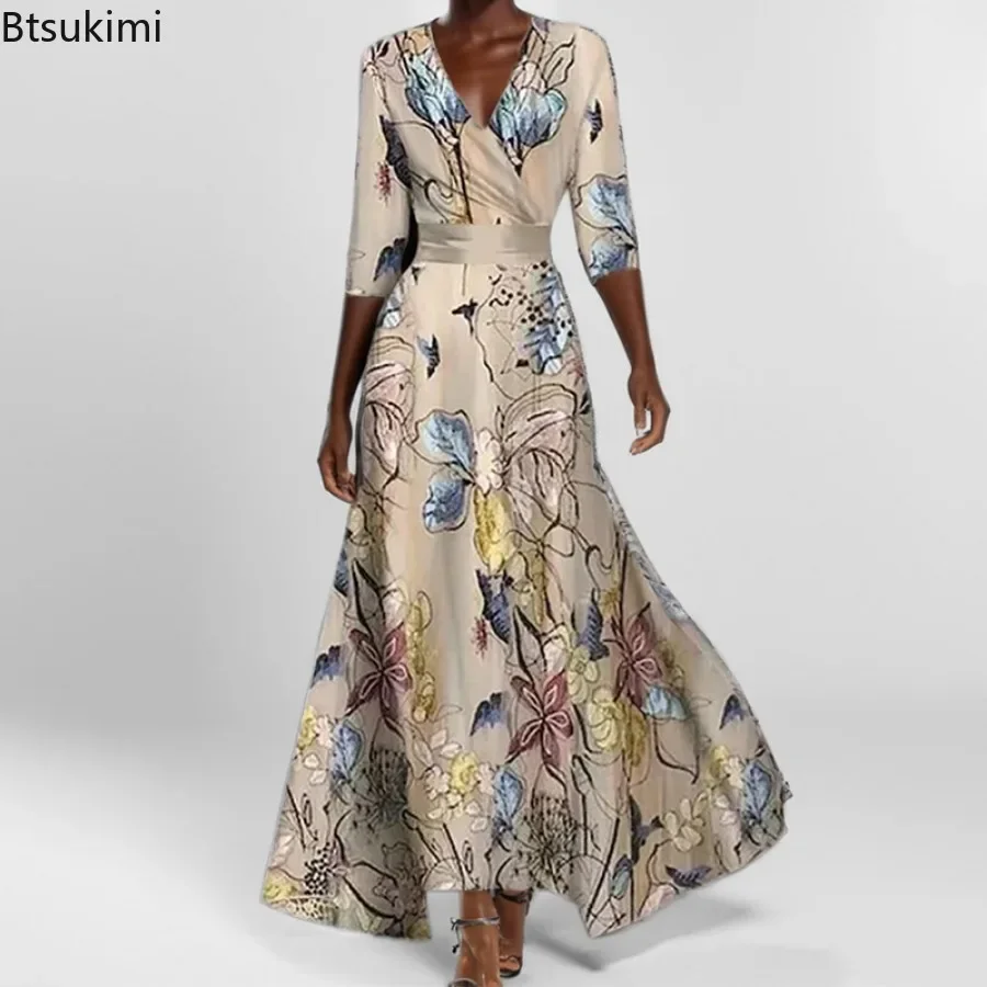 2026 New Fashion Women Clothing Sexy V Neck Lace Up Printed Big Hem Maxi  Dress Elegant A-line Bohe Pocket Long Dresses for Women