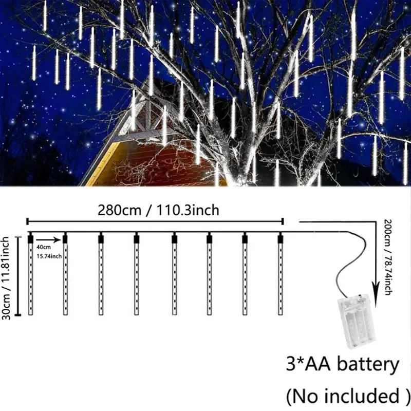 30cm LED Meteor Shower String Lights Halloween and Christmas Decorations, Fairy String Lights for Party Decor - AA Battery power