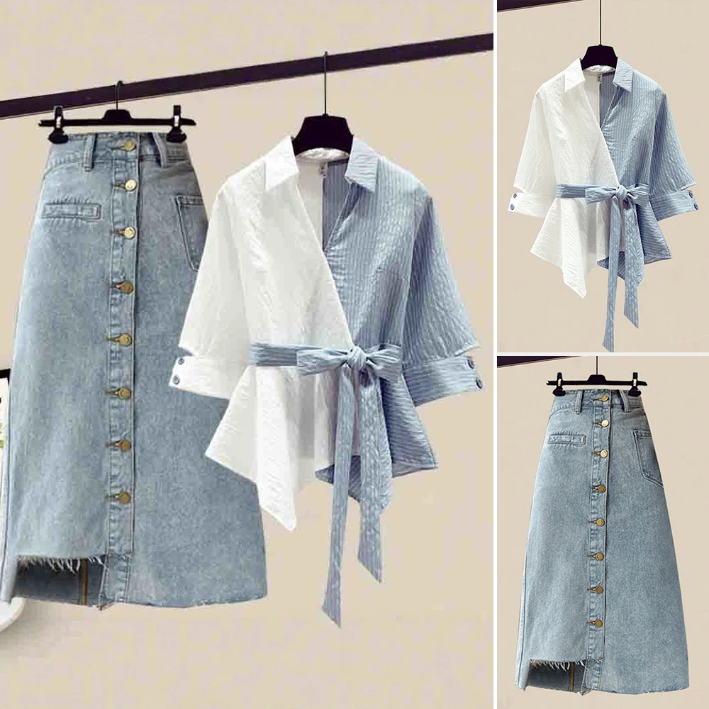 

Mia Muse Boutique Patchwork Short Sleeve Shirt Collar Natural Waist Midi Casual Skirts SetsFor Women Sets Summer Fashion Decent