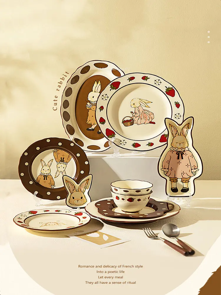 Retro Hera Rabbit Ceramic Bowl Tableware Set Upscale Gift Dinner Plate Set Cute Children's Rice Bowl Dumpling Vinegar Plate