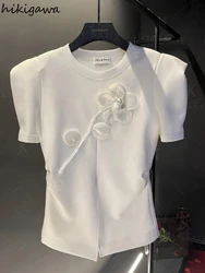 Magliette estive per le donne perline 3D temperamento floreale Tees o-collo manica corta vita sottile maglietta bianca divisa T-Shirt moda