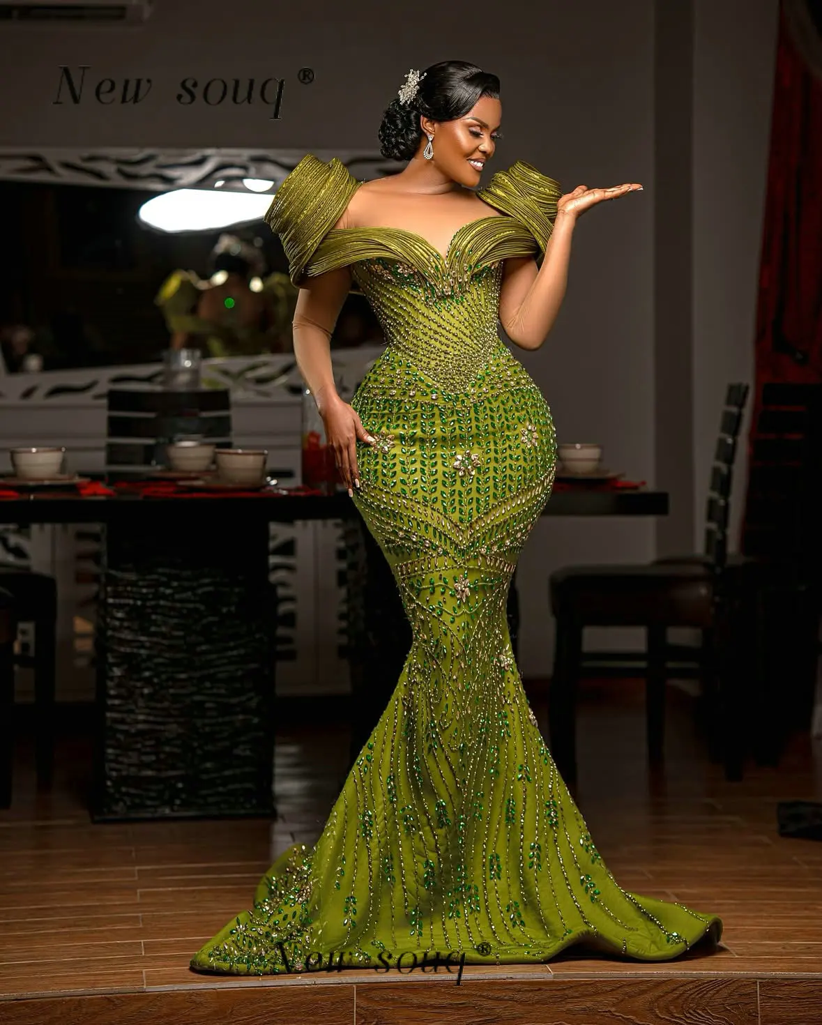 Aso Ebi Nigeria Zielone Sukienki Wieczorowe Dwuczęściowe na Imprezę, Luksusowe Kryształki, Koraliki, Suknie na Przyjęcie Weselne Plus Size, Szyte na Miarę