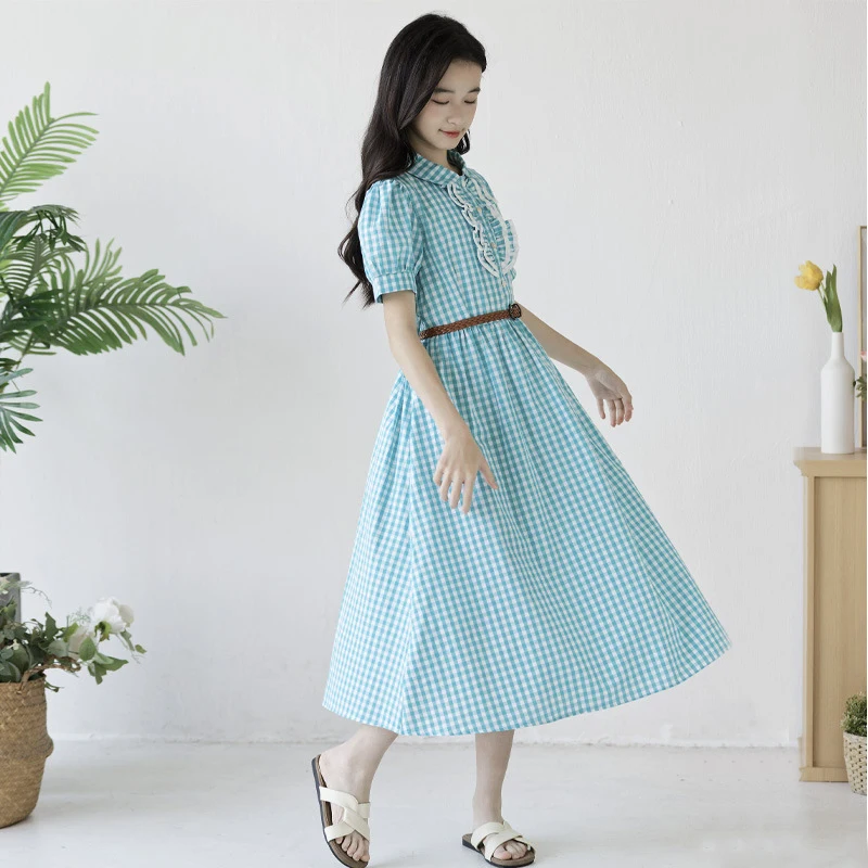 Girls' Dress2006Summer Korean-style sweet and fresh plaid dress for older children, princess dress, long dress for middle school