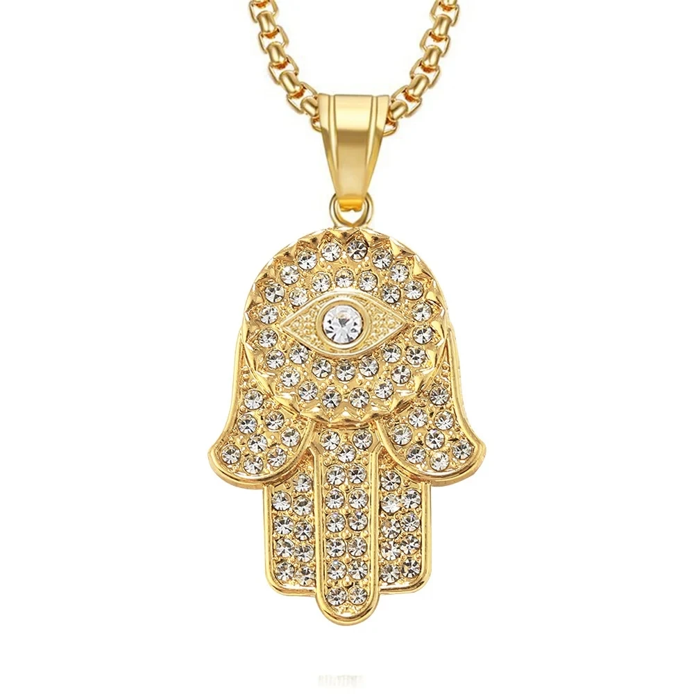 Turecki Evil Eye Hamsa Hand of Fatima naszyjnik złoty kolor stal nierdzewna Iced Out łańcuchy dla kobiet mężczyzn biżuteria Hip Hop