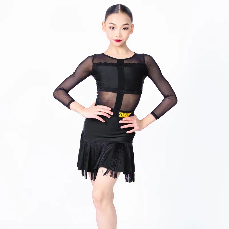 

Black Mesh Long Sleeve Latin Dance Costume For Children Dancing Performance Practice Clothes Girls Training Clothes XH2533