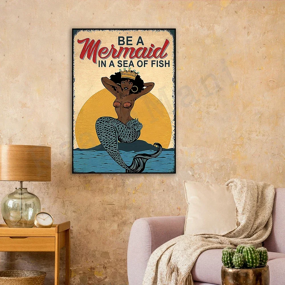 Be a mermaid in a sea of fish prints, black mermaid art poster, print for african women, mermaid girl room decor