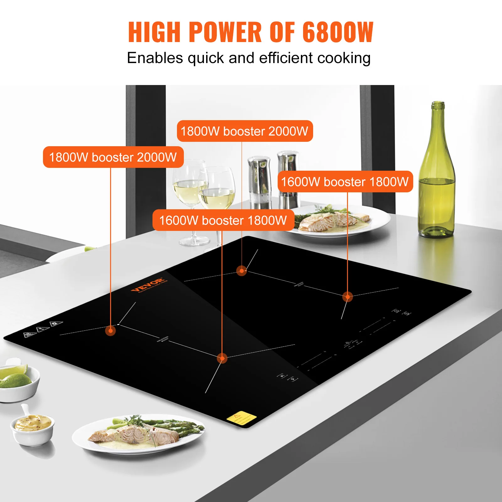 VEVOR Induktionskochplatte Induktionskochfeld 6800 W, 4 Platten Induktionskochplatte Touchscreen 9 Heizstufen, Eingebauter Induktionsherd Kochfeld