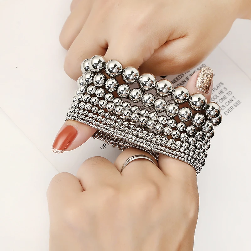 Fashion Jewelry Women Gifts Waterproof Metal Steel Ball High Quality Smooth Diameter 3-4-6-8mm Elastic Stainless Steel Bracelet