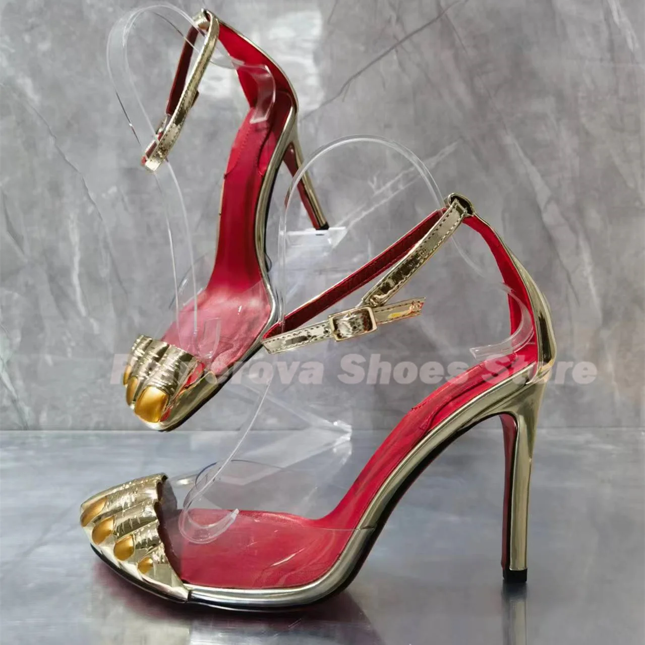 Gold Five-Finger Sandals Stiletto Ankle Straps Summer Suede Hollow Heels Women's Summer Stiletto High Heels Suede Sexy Sandals