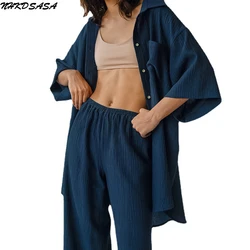 NHKDSASA Solid Sleepwear Woman 2 Pieces Set Short Sleeve Turn Down Collar Pajamas Female Casual Trouser Suits Autumn Bathrobes