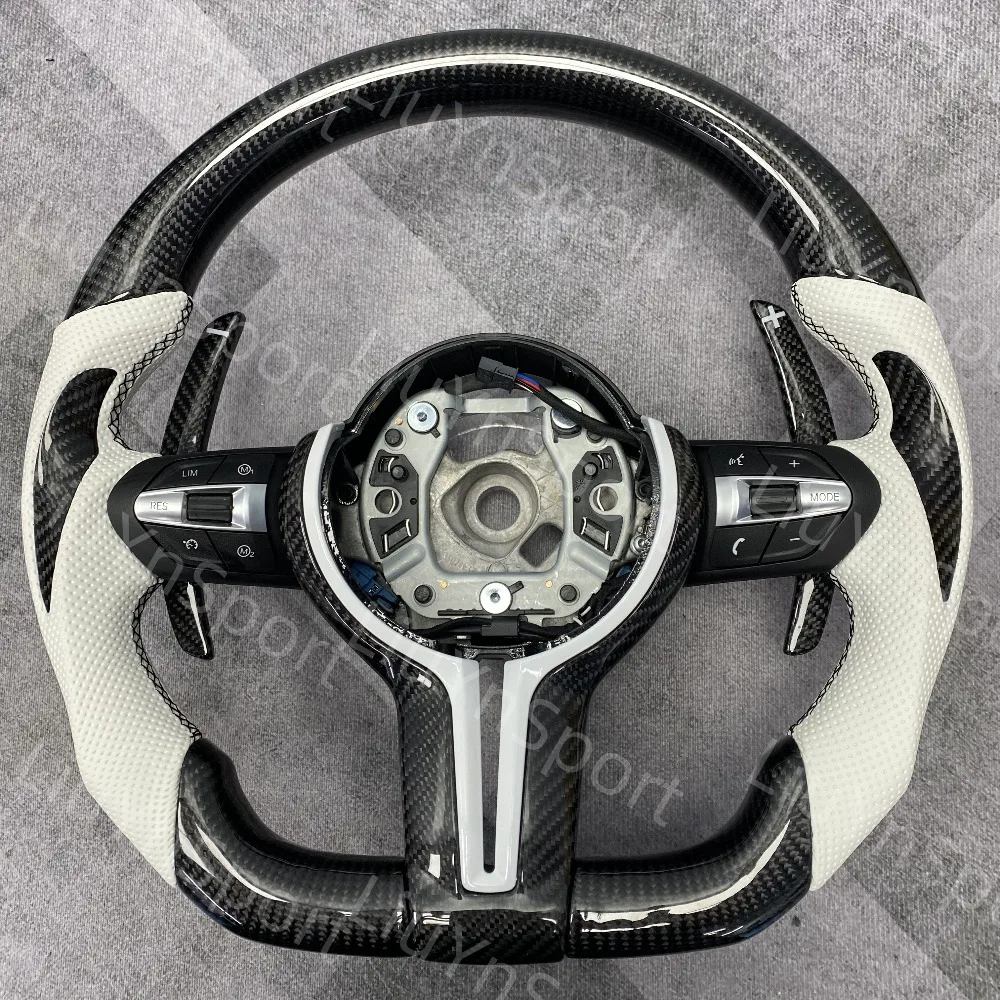 

Белый кожаный руль с плоской подошвой из углеродного волокна для BMW F10 M5 F30 M4 F82 M3 F80 M2 M6 F01 F02 F45 F35 X3M X5M X6M
