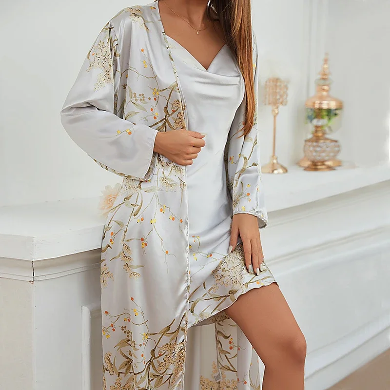 Pyjama imprimé simple pour femme, chemise de nuit fine, robe de nuit, vêtements de maison sexy, 4 saisons, 2 pièces