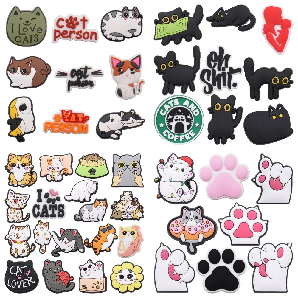 8-18Pcs Cartoon Cat Lover Person Coffee Flower Footprint Paw PVC Shoe Charms Hole Shoes Ornaments Sandals Accessories Kid Gift