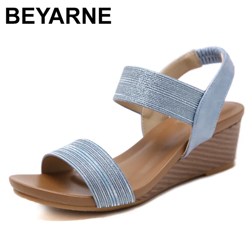 BEYARNE Women Summer Beach Mid Heels Wedge Sandals Casual Woman Shoes PU Leather Big Size Shiny Sandalias Mujer Sapato Feminino