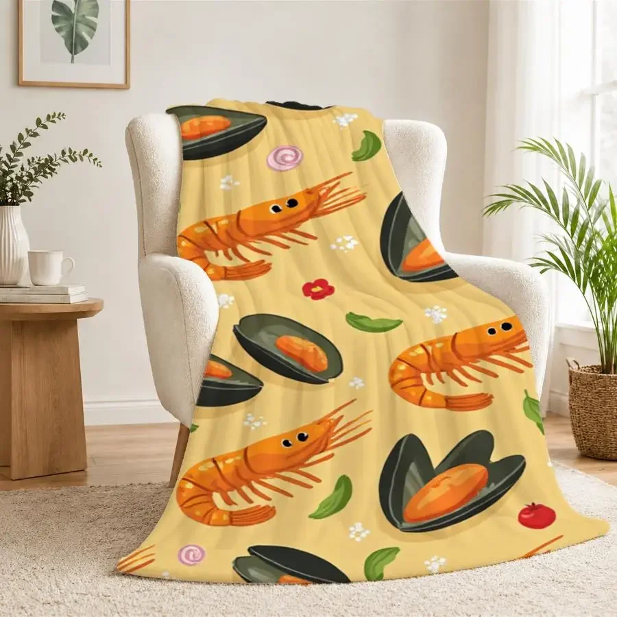 Cozy Seafood And Veggie Pattern Flannel Throw Blanket - Soft, Warm Yellow Background with Shrimp And Mussels, Ideal for Couch