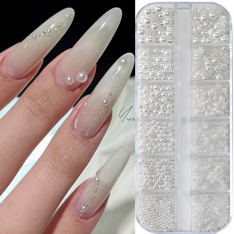 12 Siatek Mieszanych Białych Perłowych Ozdób do Paznokci 3D Okrągłe/Półokrągłe Perły Koraliki Cyrkonie do Paznokci Akcesoria do Manicure Części DIY Y7%6K