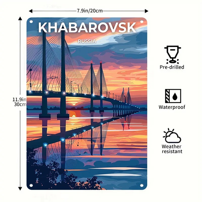 Retro Russian Sunset Bridge Metal Tin Sign - 2D Flat Wall Art Decor for Home Office Bar, 30x20cm