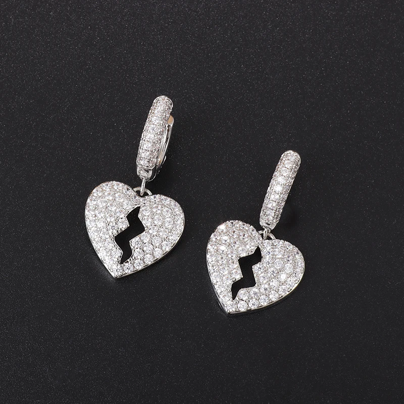 

Hip Hop Ice Out Broken Heart Dangle Earrings for Men Women Silver Color Cubic Zircon Huggie Earrings Anti Allergy Jewelry