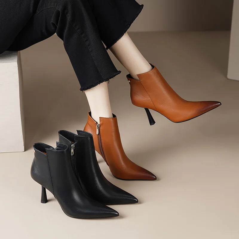 2026 new autumn winter women ankle boots natural leather 22-25cm cowhide+pigskin/plush pointed toe high heel women short boots