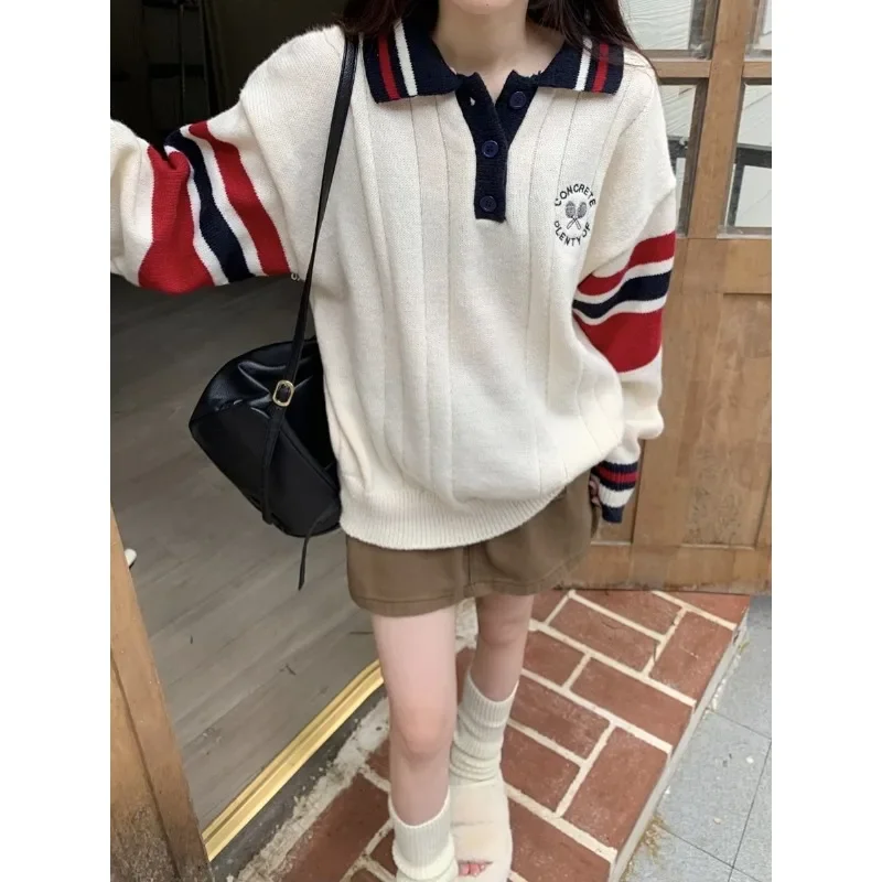 2024 Autumn and Winter New Design Sense College Wind Net Infrared Embroidery Polo Collar Long Sleeve Sweater Top