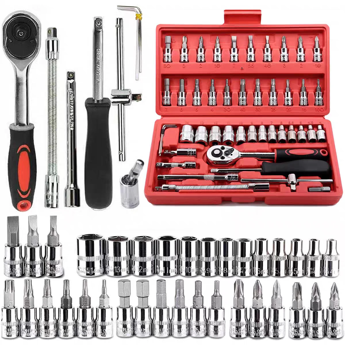 46pcs 1/4 Inch Drive Socket Set Ratchet Wrench Set Car Tool Kit, Bit Socket Wrench Set Metric Mechanic Tool Set Car accessories