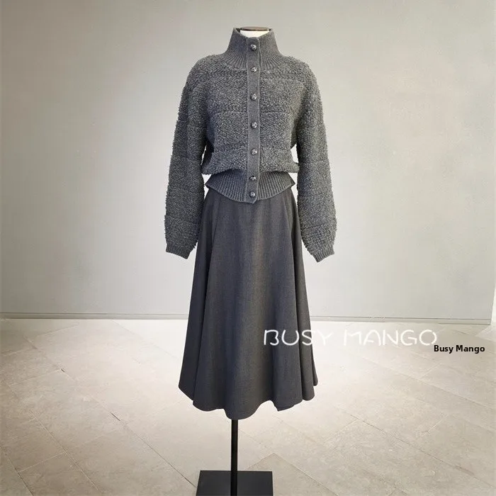 High Neck Knitted Open Cardigan Texture Circle Versatile Commute Style Slimming Top Coat Korean Version Long Sleeve Buttoned