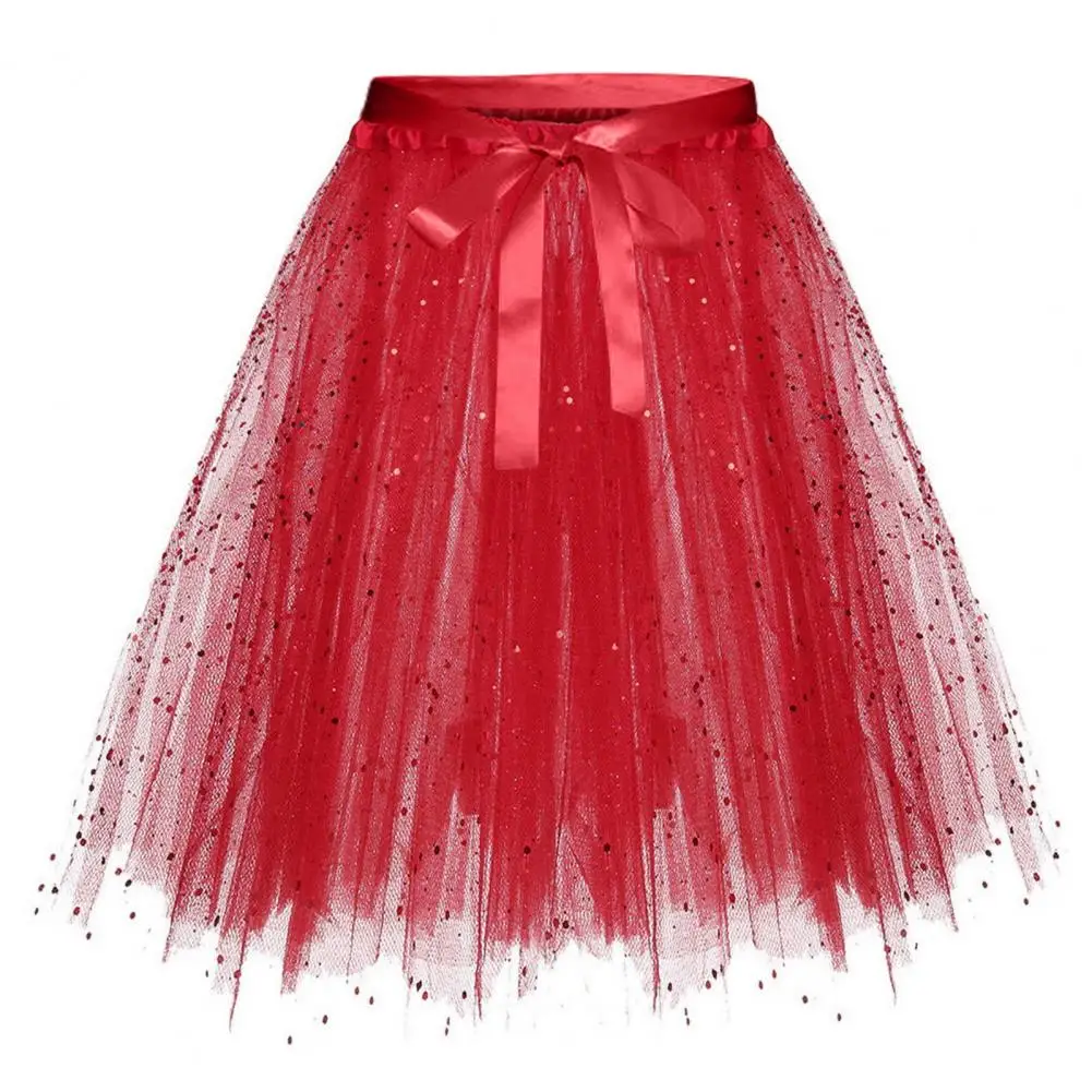 

Loose Fit Skirt Sparkling Sequin Mesh Skirt with Bow Detail Multi-layered A-line Design Elastic Waistband for Stage Performances