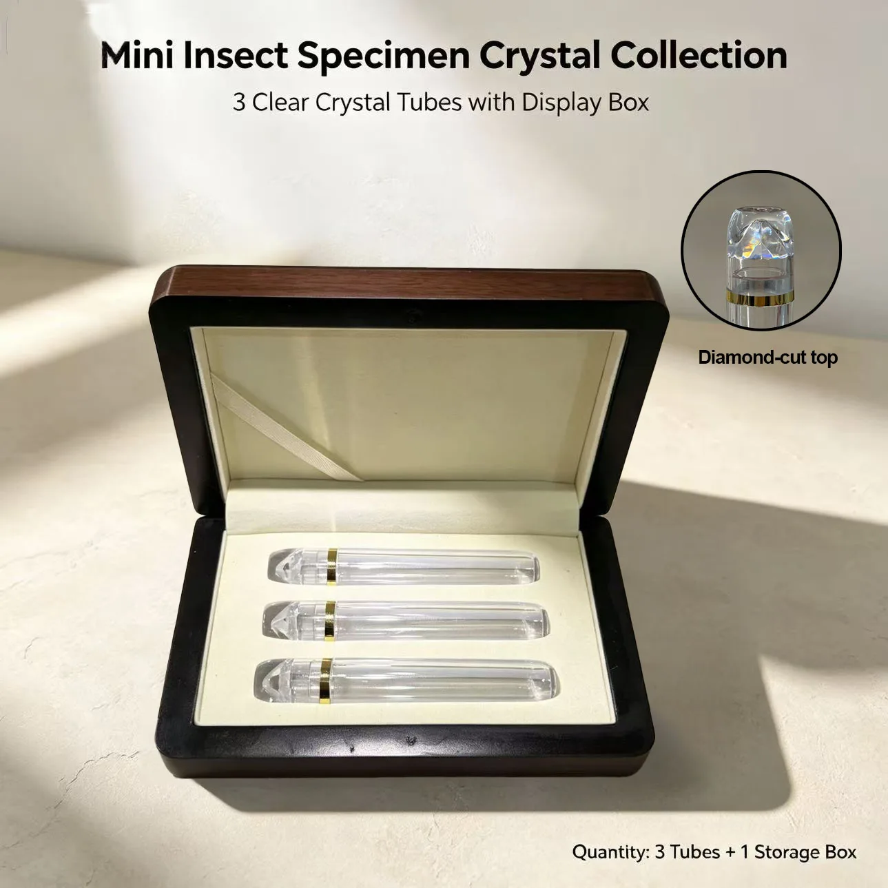 Three-Tube Wooden Storage Box for Mineral Specimens, Insect Specimens, and Seed Storage. Miniature Small Item Collection and Preservation Storage Box