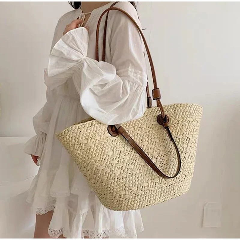 Neue Schulter Tasche Handgemachte Stroh Gewebt Große Kapazität Marke Hochwertige Korb Tasche Sommer Strand Urlaub Mode Handtasche Forwomen – Detail 19
