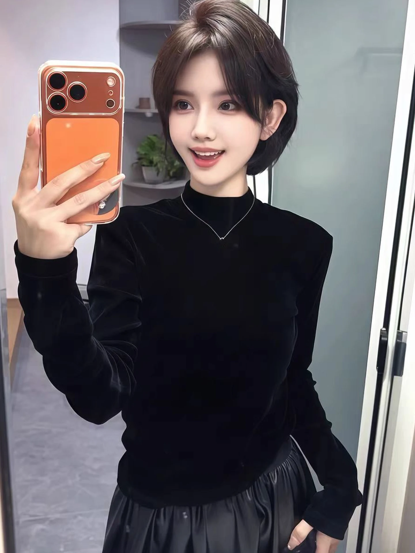 Faionable Velvet Long Sve Base irt Pure Color Inner Wear Commute Sle Damen-T-Shirt in Übergröße, koreanischer Straight-Cut