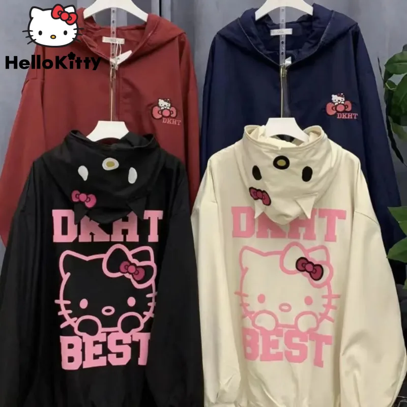 Sanrio Hello Kitty Autumn Outdoor Jackets Women Fashion Clothes Cartoon Cute Bow Jacket Y2k Zipper Cardigan Top Shirts Hooded