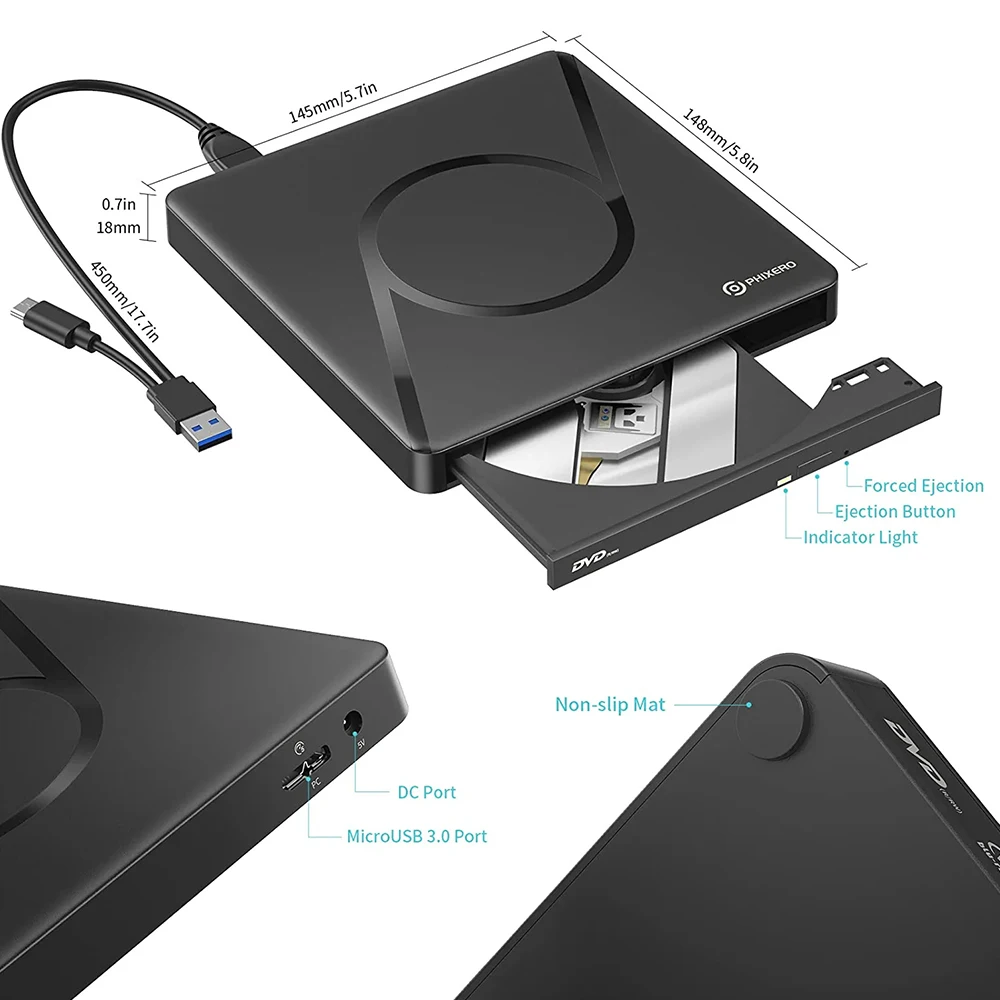 PHIXERO ภายนอก Blu-Ray Burner ไดรฟ์ USB3.0ภายนอก Blu Ray DVD 3D Slim ไดรฟ์ Blu-Ray Writer Reader CD/DVD สำหรับ Window