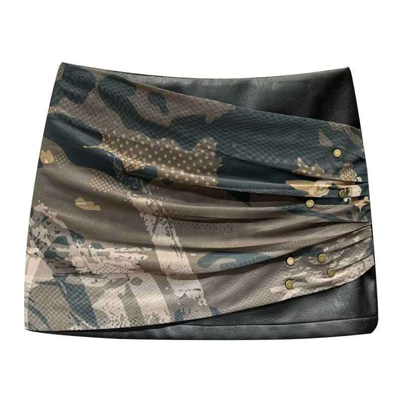 Black Aesthetic 2024 Autumn Camouflage Patchwork Causal Women Skirts All Match Pu Skirt Sexy Chic Fashion Mujer Faldas