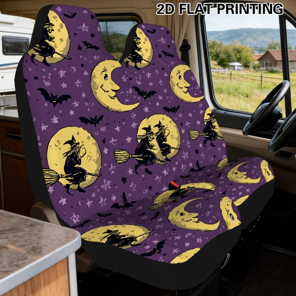 2pcs Christmas Halloween Bats Moon Night Scene Illustrated Car Seat Covers – Unique Decorative Upgrade Adds Personality to Auto