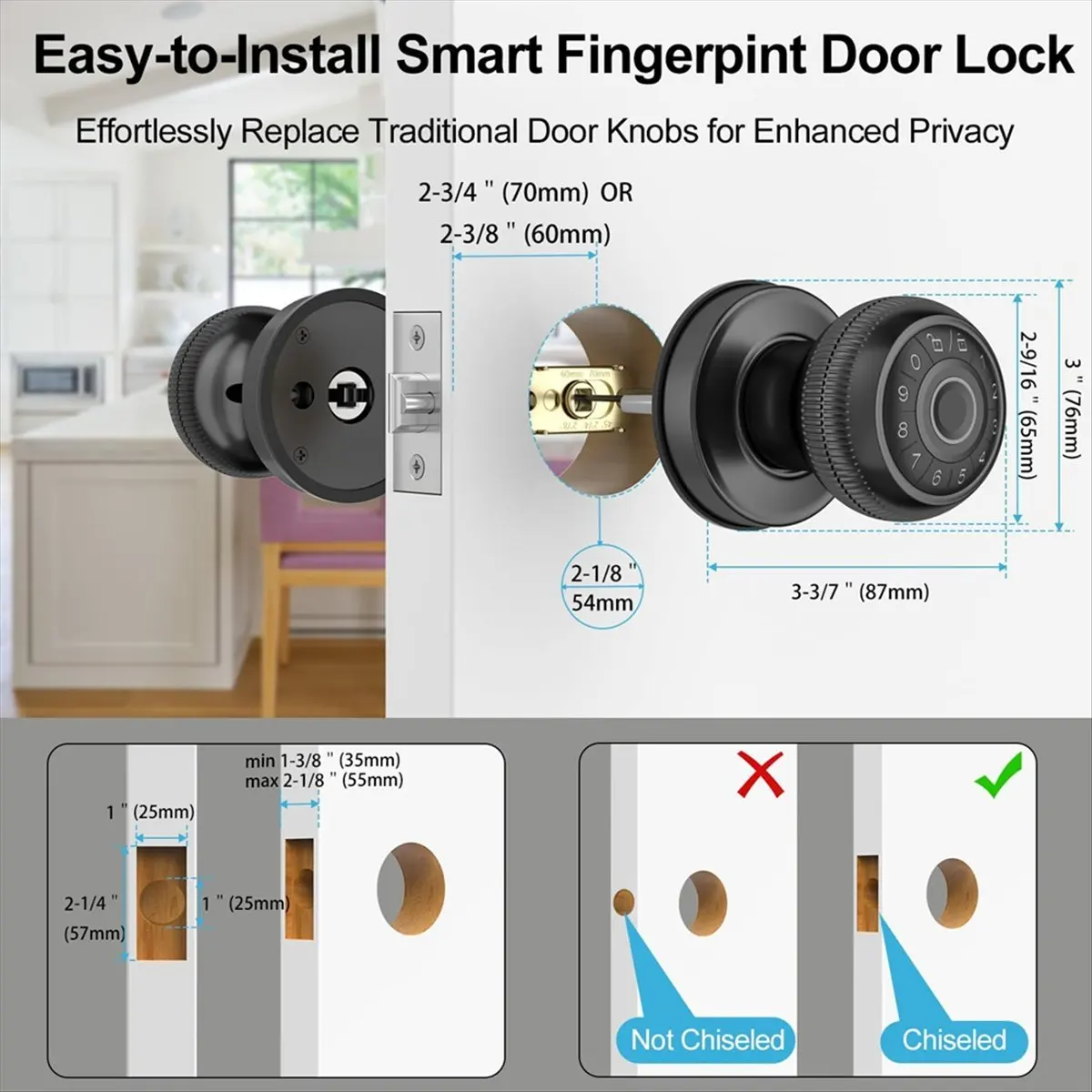 ABUA 4-in-1 Smart Door Knob, Fingerprint Door with App Control, Smart Fingerprint Door Lock with Keypad, for Home,Office
