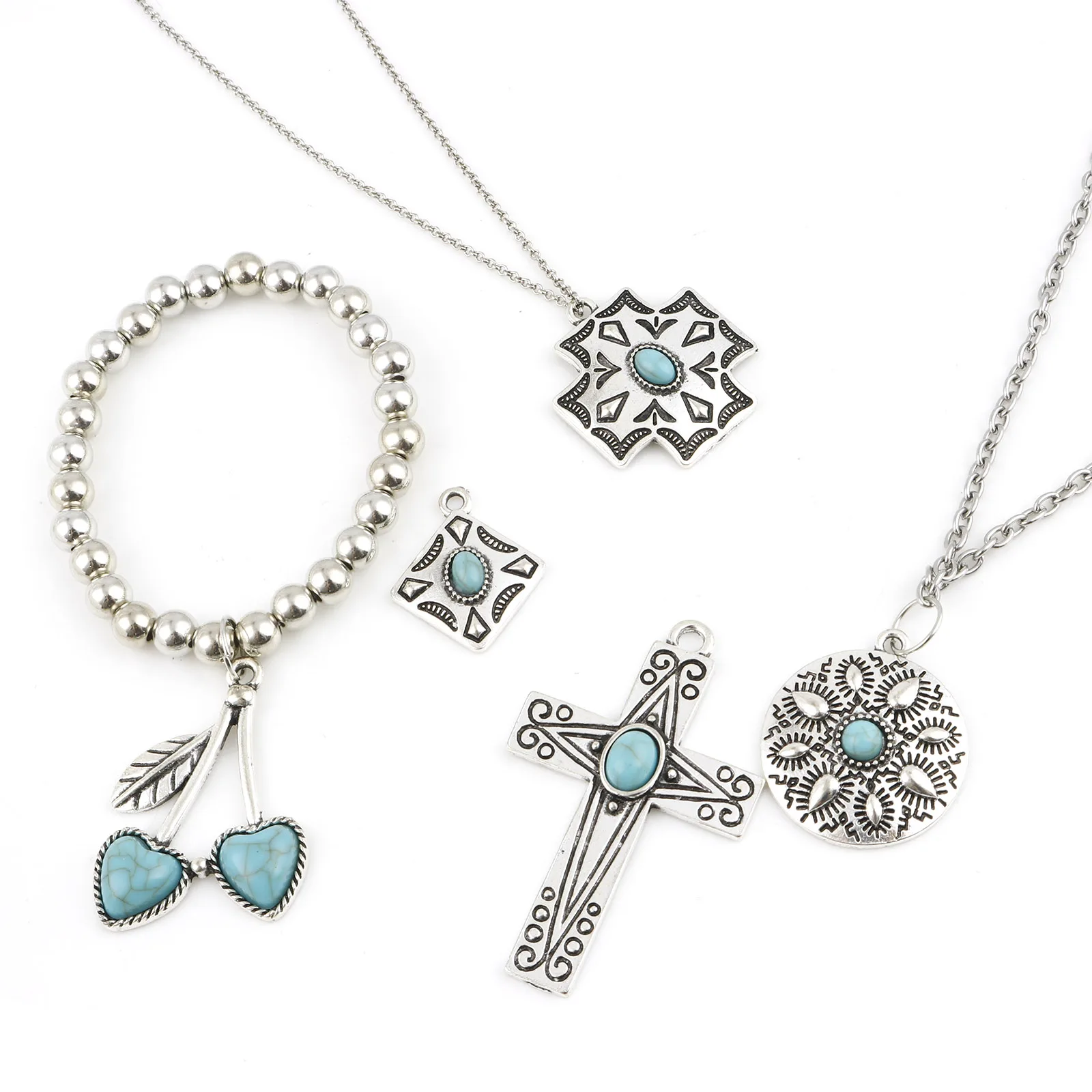 Bohemian Metal Charms Cross Antique Silver Color Blue With Resin Cabochons  Pendant DIY Necklace Jewelry,5PCs