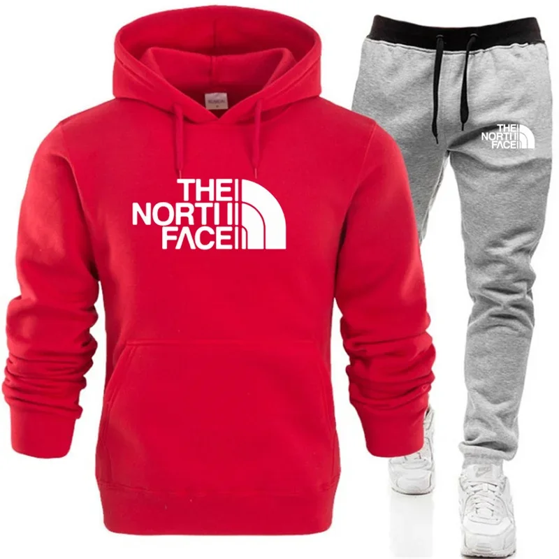 Conjuntos de sudadera con capucha de invierno para hombre, sudaderas con capucha rojas de lana a la moda, pantalones de marca negros, traje informal para correr, sudadera