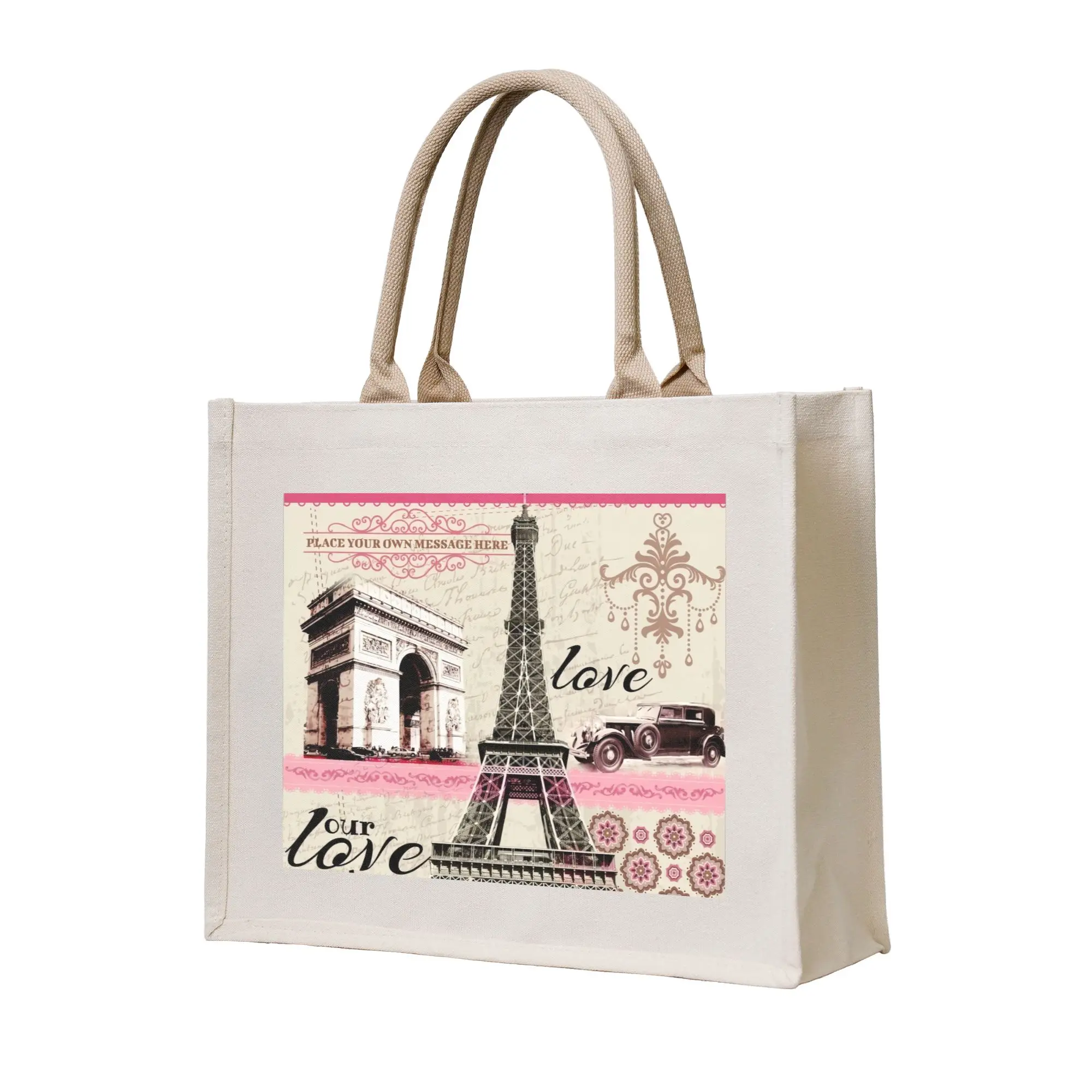 

Винтажная женская сумка-шоппер с изображением Эйфелевой башни (Париж, Франция), портативная, большая вместимость, для покупок, розовая, с цветочным принтом