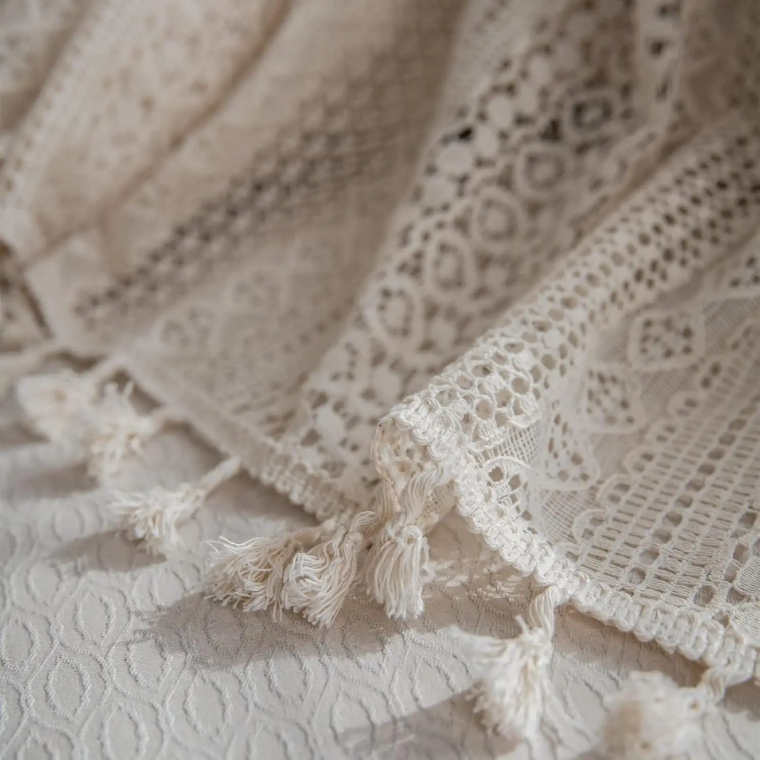 Lace Sheer Curtains Semi Transparent with Hollow Knit Handmade Fringe Rod Pocket Retro Country Style