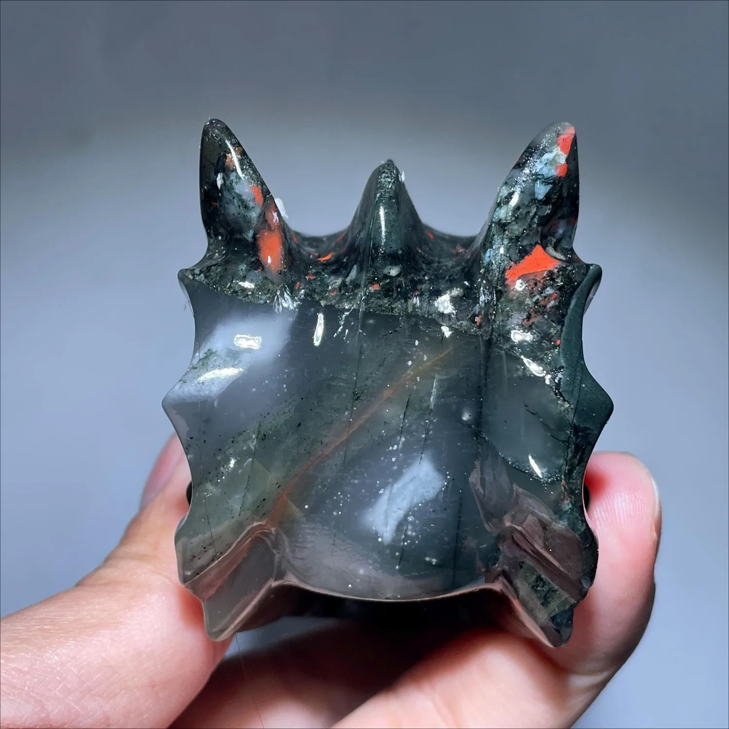 Natural African Bloodstone Dragon Skull Hand Carved Crystal Healing Stone Home Decor Figurine Unique