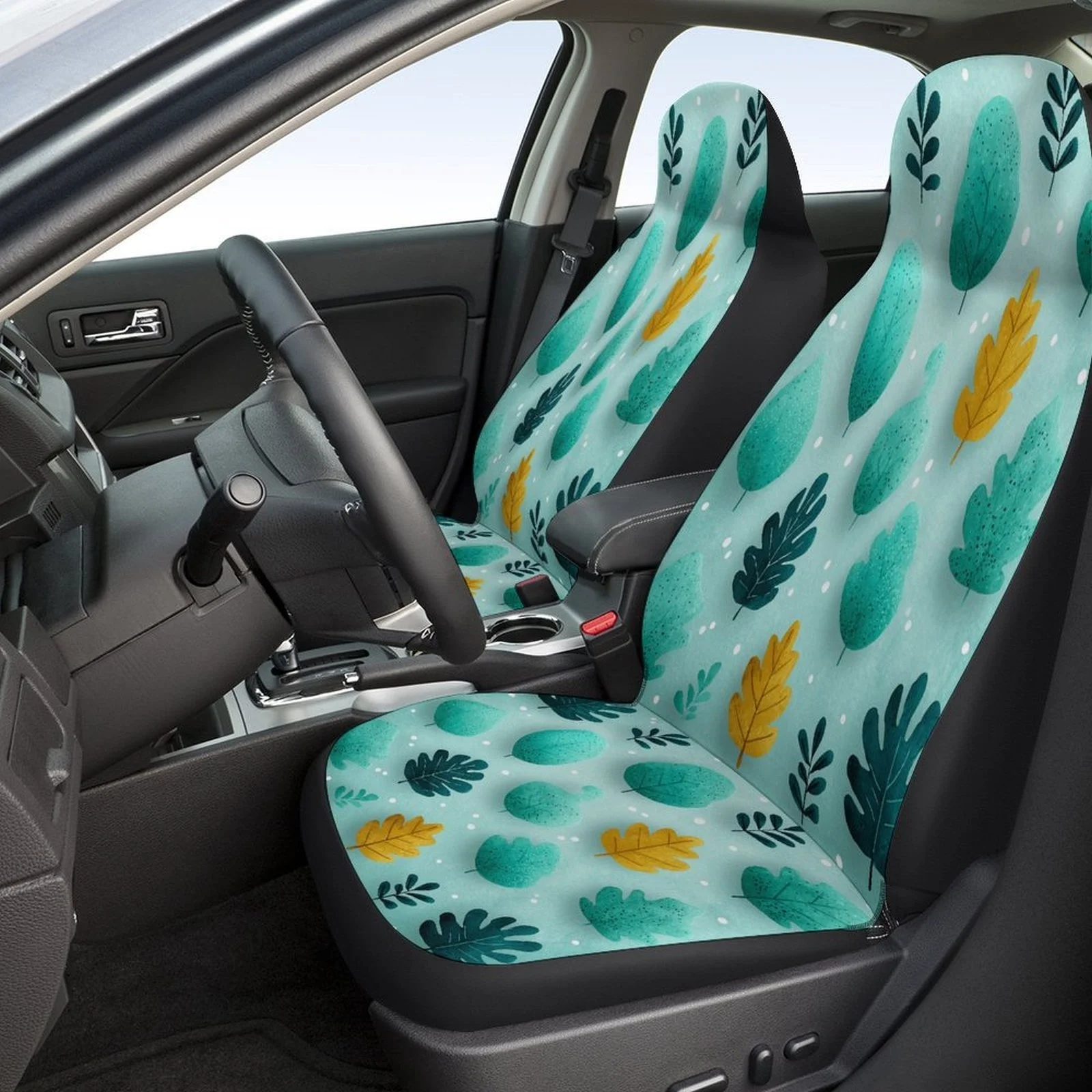 A Set Of Car Seat Covers Featuring A Leaf Design, Suitable For Various Vehicles. These Stylish And Breathable Covers Serve As Ge