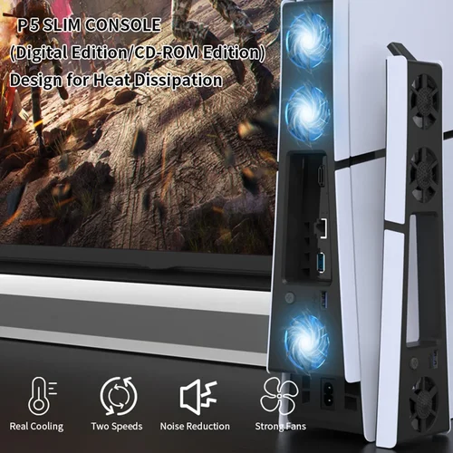 Imagen 2 del producto Ventilador de refrigeración silencioso mejorado para consola PS5 Slim (Digital/disco) con luces LED, sistema de refrigeración eficiente para Playstation 5 Slim