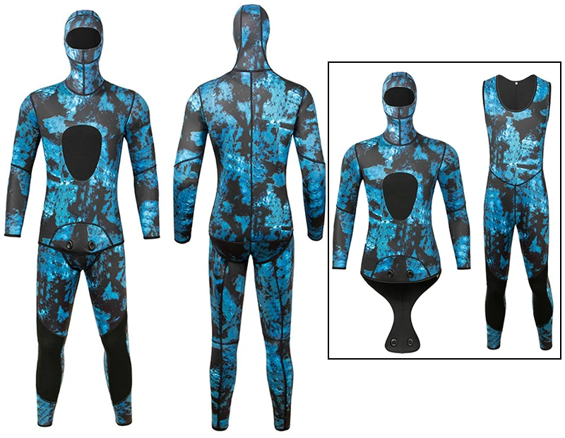 Spearfishing and Freediving Two-Piece Wetsuit with Loading Chest Pad, Knee Protection, Hoodie Scuba Diving Suits Camo