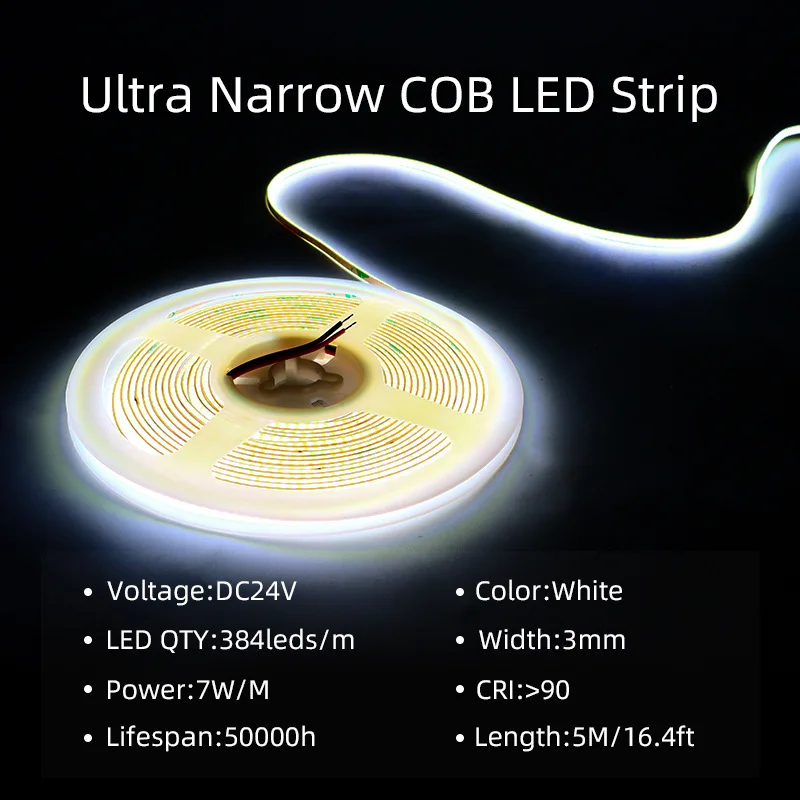 Ultra Narrow 3mm 5mm CRI90 384leds Self-adhesive Dimmable Free Cutting 12V 24V Flexible Cob Led Strip Light