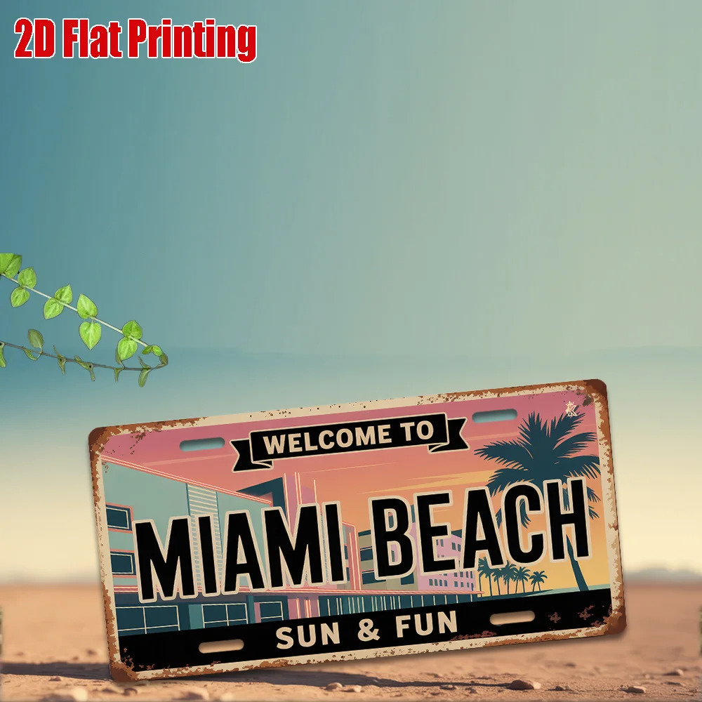 Vintage Metal Sign, for Decorationg Only, Outdoor Wall Art (29.97cm * 14.99cm), MIAMI BEACH Aluminum Sign, Retro Travel Decor