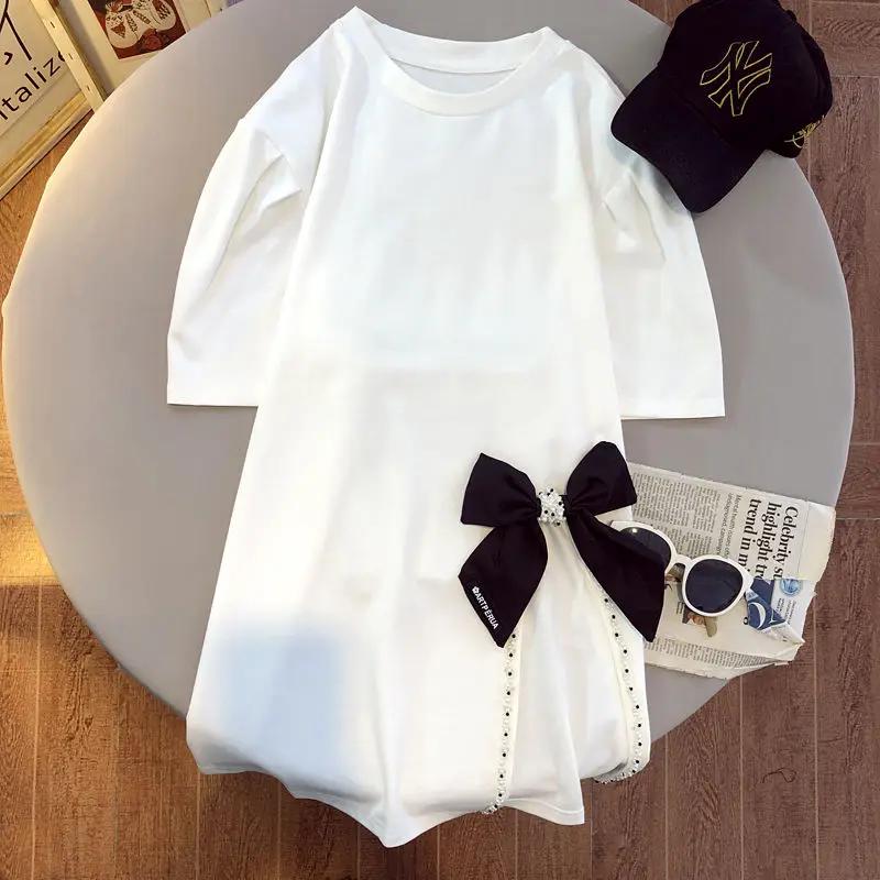 plus maat zwaar verfraaid T-shirt met knoop ort Sve Design speciaal voor vrouwen die 300-poes Koreaanse Sle weegt